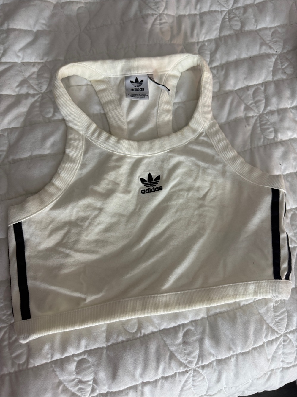 adidas White Cropped Racerback Tank with Black Accents